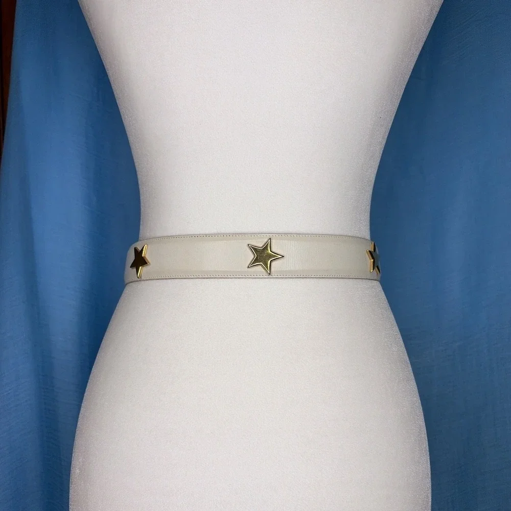 Vintage Avignon White Leather Star Studded Belt Gold Buckle Celestial Small
